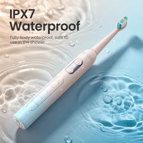 YUNCHI C2 Elektrische Zahnbürste mit 40000 VPM, Schallzahnbürste für Erwachsene, USB-C Ladung, 55 Tage Akkulaufzeit, 5 Putzmodi, 2-Min-Timer, mit 8 Bürstenköpfen & Reiseetui, im Hellblau-Gelb-Verlauf – Bild 6