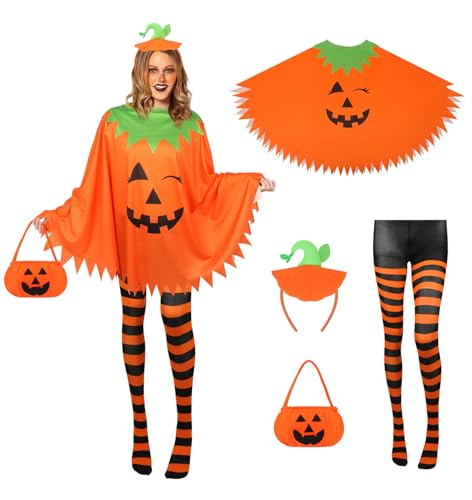 KUIRAN 4 PCS Halloween Costume Set for Women Adults - Pumpkin Costume Poncho, Candy Bag, Pumpkin Headband and Nylon Striped Tights for Cosplay Party