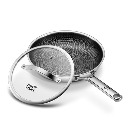 Non Stick Frying Pans Hybrid Ceramic With Lid, 12 Inch Tri-Ply Stainless Steel Skillet, Non-Toxic,...