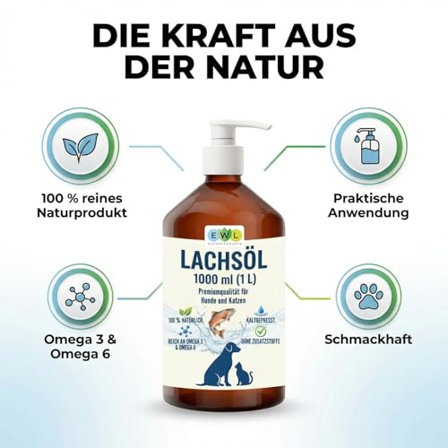 EWL Naturprodukte Lachsöl 1 L, Lachsöl für Hunde und Katzen, Fischöl, Lachs-Öl für Tiere, hochwertiges Omega 3 & 6