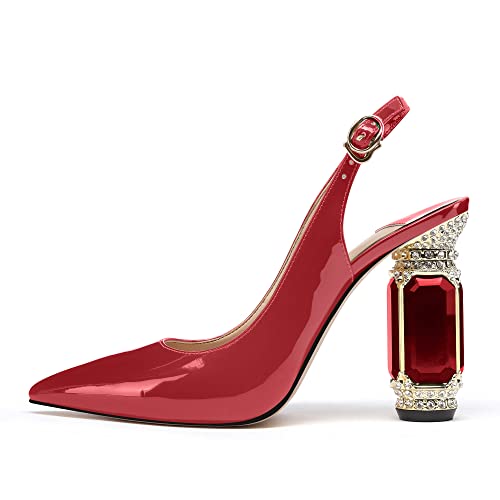 Image of JANSEVEN Women Chunky Heels Pumps Crystal Block Heels with Rhinestones Pointed Toe Sexy Gradient Patent Leather Slip on Bridal Party Wedding Dress Shoes 5-13 M US
