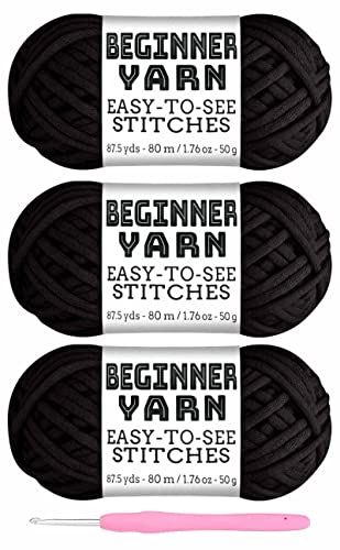 3x50g Beginners Black Yarn, 260 Yards for Crocheting Knitting, Easy-to-See Stitches, Worsted Medium #4, Chunky Thick Cotton Nylon Blend for Crocheting
