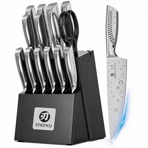 Image of imarku 15PCS Kitchen Knife Set with Block,High Carbon Stainless Steel,Black | Built-in Sharpener,Dishwasher Safe,Ergonomic Non-Slip Handle,Space-Saving Knife Block,Ideal for Daily Cooking & Gifts