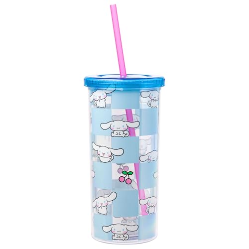 Image of Silver Buffalo Sanrio Hello Kitty and Friends Cinnamoroll Cherry Blue Checkered Plastic Cold Cup with Lid and Straw, 20 Ounces | Hello Kitty and Friends, Cinnamoroll, Blue Checkered, Includes Lid and Straw, 0.59 Liters