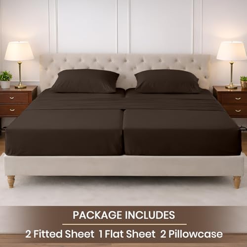 Image of SGI Split King Sheet Set for Adjustable Bed Egyptian Premium Cotton 600 Thread Count Sheets for Sleep Number Bed 15 inch Deep Pocket 5 Pc Set with 2 Twin XL Fitted Sheets Soft Breathable -Chocolate
