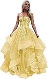 Tulle Prom Dresses Teens Lace Applique Long Ball Gown Tiered Ruffle Sparkly Formal Evening Gowns Yellow 7XL