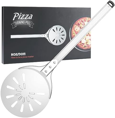 Pizza Turning Peel, 8-inch Pizza Peel Turner Spinner, Long Handle Perforated Aluminum Pizza Peel with Silicone Hook, Pizza Oven Accessories