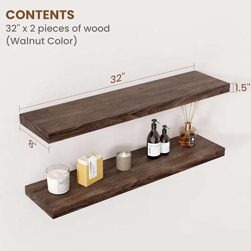 Image of Floating Shelves for Wall Decor, 8 Inch Deep Rustic Solid Elm Wood Floating Shelves Wall Mounted, Wall Shelves with Invisible Bracket for Living Room Bathroom Bedroom Kitchen, 32 Inch Set of 2, Walnut