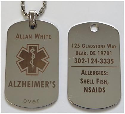 LazrArt Personalized Custom Engraved Alzheimer’s Dementia ID Tag Pendant Necklace in Silver