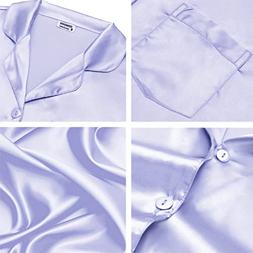 Image of SWOMOG Long Sleeve Pajamas Set Silk Satin Sleepwear Button Down Pjs Loungewear with Pocket Lavender Large