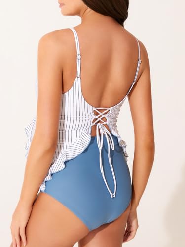 Summer Mae Maternity Swimsuit One Piece Ruffle Cutout Pregnancy Bathing Suit Lace Up Swimwear Blue Stripe X-Large - Image 2