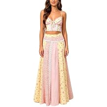 Women's 2 Piece Summer Outfits Spaghetti Strap Floral Crop Top High Waist Pleated Maxi Skirt Sets For Garden Party