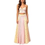 Women's 2 Piece Summer Outfits Spaghetti Strap Floral Crop Top High Waist Pleated Maxi Skirt Sets...