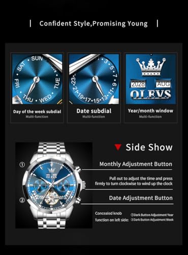 Image of OLEVS Men Automatic Watch Diamond Skeleton Mechanical Luxury Self Winding Moon Phase Calendar Waterproof Wrist Watch for Men