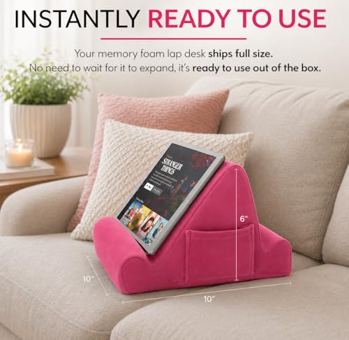 Image of Brookstone Tablet Lap Cushion - Tablet /Phone /Ebook Holder for Bed, Flights, and Travel, Memory Foam Lap Desk for Reading and Hands Free Viewing, Compatible iPad and Kindle Accessories, Pink