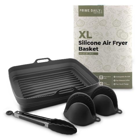 Prime Daily Essentials Silicone Air Fryer Toaster Oven Tray Liner – Extra-Large Capacity, Microwave Safe, Easy Cleanup - Includes Mitts & Tongs