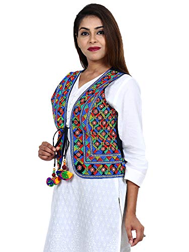 Image of Craft Trade Women's Cotton Embroidered Kutchi Jacket with Tassels Sleeveless Mirror Work