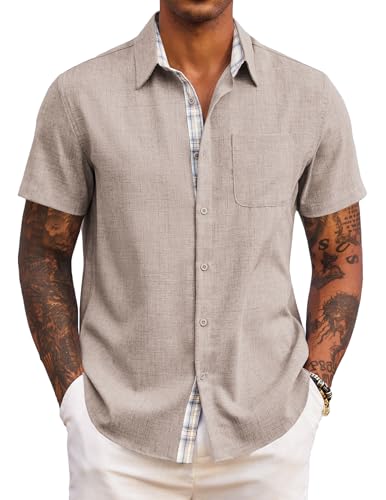 Image of COOFANDY Mens Summer Shirts Short Sleeve Casual Shirts for Men UK Lightweight Holiday Beach Shirt Khaki XL