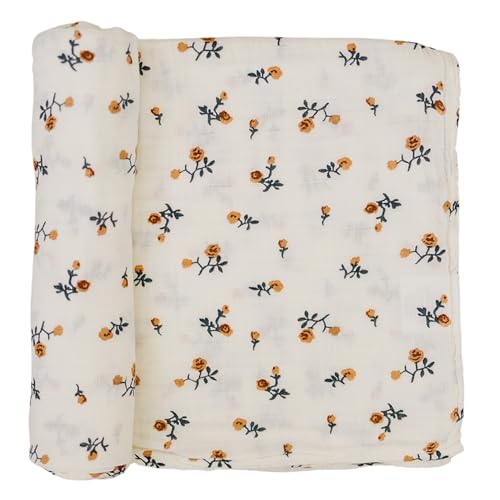 Image of Mebie Baby Cream Floral Muslin Swaddle Blanket, Modern and Neutral Swaddle for Baby Girl or Boy, Soft Newborn Swaddle, 0-3 Month, Comfy Wrap, Baby Essentials & Gifts