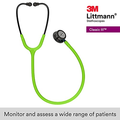 Image of 3M Littmann Classic III Monitoring Stethoscope, 5875, More Than 2X as Loud, Weighs Less, Stainless Steel Smoke-Finish Chestpiece, 27 inch Lime Green Tube, Blue Stem, and Smoke Headset (Pack of 3)