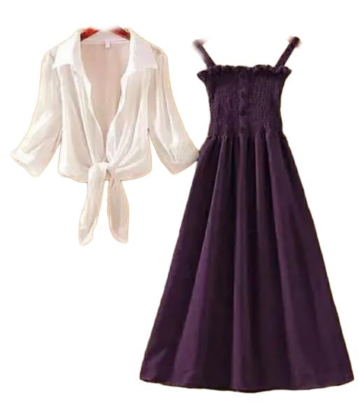 Image of Women's Solid Sleeveless Midi Dress with White Outer Jacket