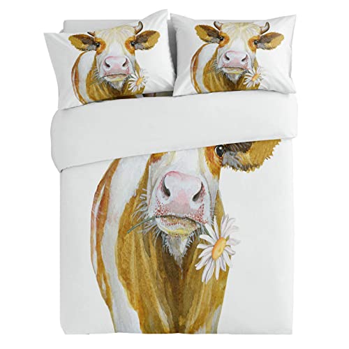 Housse de Couette 220x240 Vache - Parure de Lit 2 Personnes Microfibre avec Fermeture Éclair, 2 Taies d'oreiller 65x65 cm Cover