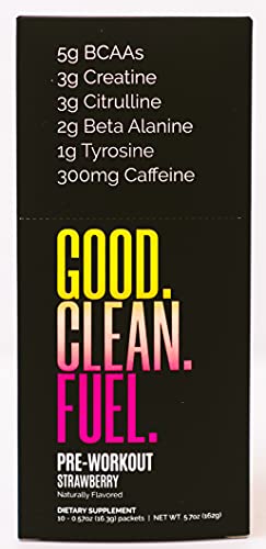 Good Clean Fuel Pre-Workout Powder | Caffeine | BCAAs | Beta Alanine | Creatine | Tyrosine | Citrulline | No Sugar, No Artificial Sweeteners | Strawberry Flavor | 10 Stick Packs