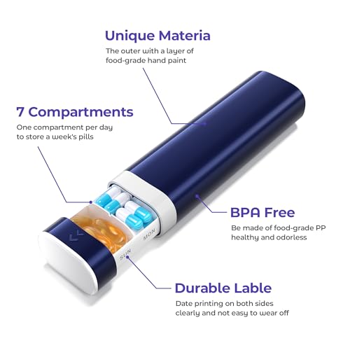 Image of Betife Travel Pill Organizer Weekly 7 Day, Compact Daily Pill Box, Portable Medicine Case for Vitamins Supplements, Drawer-Shaped (Dark Blue)