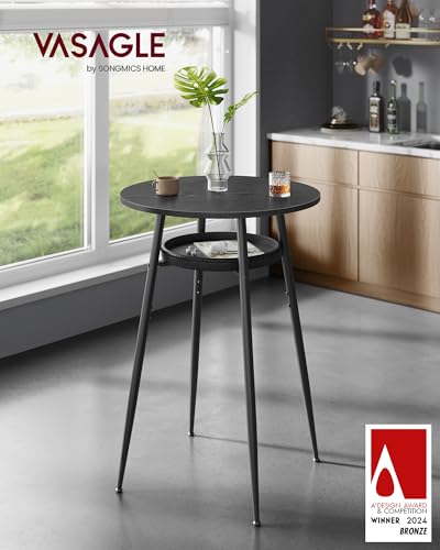 Image of VASAGLE EKHO Collection - Bar Table with Storage, Round High Pub Table, Synthetic Leather with Stitching, Mid-Century Modern, Kitchen Home Bar, Living Room, Easy Assembly, Ebony Black and Ink Black