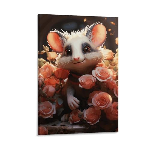 Tableau opossum et roses décoration murale familiale salon et bureau moderne