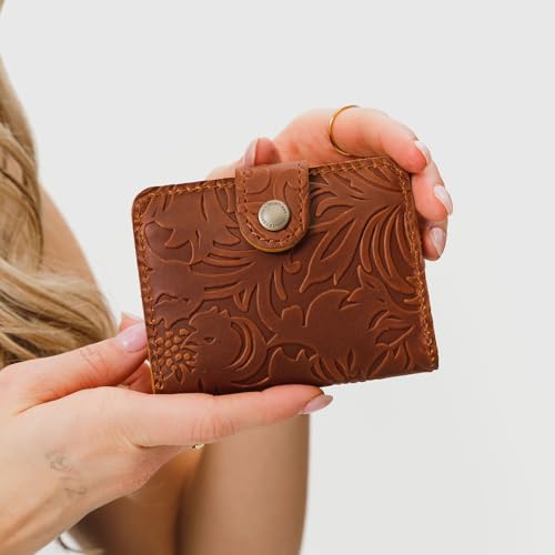 Image of Portland Leather Goods Women's Mini Bifold Wallet - Slim, Palm-Sized Design with Secure Snap Closure, 2 Card Slots, 2 Cash Slots & Zippered Coin Pocket - Meadow