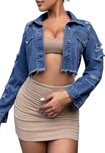 Women's Ripped Short Jean Jacket frayed Casual Denim Jacket Tops