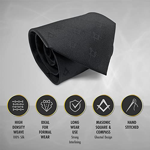Image of THE MASONIC COLLECTION - Freemason Black Tie - Made With Premium Silk /Polyester - Handmade - Masonic Square & Compass Design - Better Knot & Hang - A Perfect Masonic Gift Accessory For Freemason Men