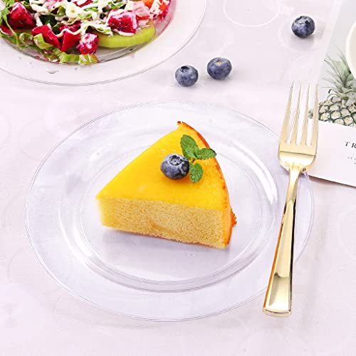 Bucla 200Pcs Clear Plastic Plates And Gold Plastic Forks-7.5Inch Disposable Salad/Dessert Plates- Premium Hard Plastic Appetizer Plates For Weddings& Parties #TOP3