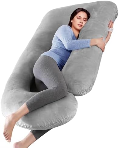 MOXTOYU Pregnancy Pillow for Sleeping, 53in 100% Cotton G-Shape Maternity pillow with Velvet Cover, Detachable & Washable Full Body Pillow for Pregnant Women, Support for Back, Legs, Belly, Hip - Grey