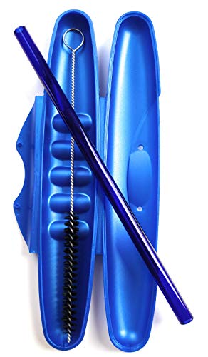 Reusable Glass Drinking Straw with Travel to Go Protective Carrying Case Holder and Cleaning Brush | Perfect for Home, Office or Gift | Straight 8 in x 9.5 mm Healthy, Eco Friendly (Brilliant Blue)