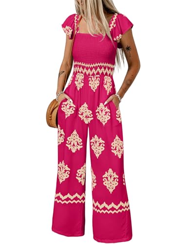 Happy Sailed Women's Jumpsuits Summer Square Neck Floral Printed Boho Jumpsuit Wide Leg Long Pants Rompers for Women Dressy Casual Overalls Beach Fashion Cruise Outfits for Women 2025 Rose L
