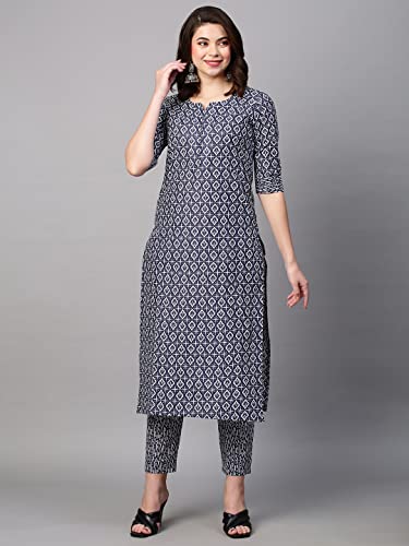 Image of GoSriKi Women's Cotton Blend Printed Straight Kurta With Pant