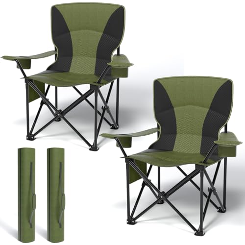Heavy Duty Folding Chair 500LB Capacity, Oversized Camping Chairs with Cup Holder, Cooler Bag & Storage Pouch, Double-Layer Fabric, Outdoor Chairs for Sports, Lawn Chairs (2, Black Green, Oversized)