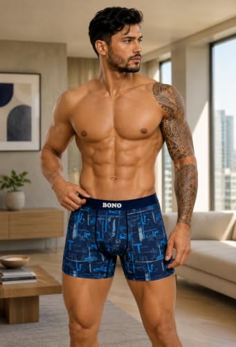 Image of BONO Men Cotton Blend Printed Trunk Combo Anti-Bacterial Moisture Wicking No Marks Stretchable Regular Fit Waistband Underwear Pack of 3 (Darkblue-Multicolor-TurquiseBlue-M)