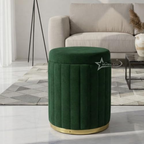 Image of Round Strip Stool with Cushion Foot Rest Office Stool Pouf Ottoman Padded Seat in Living Room - Green