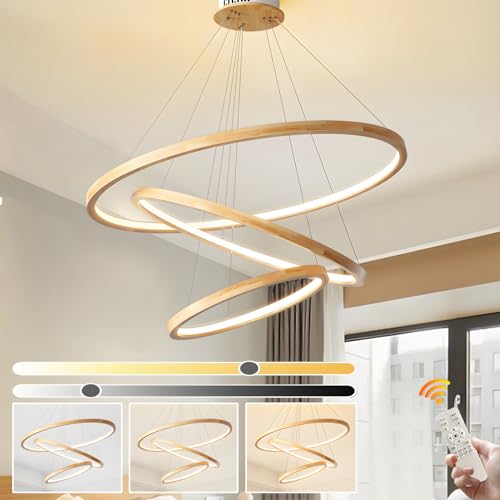 WayLuoung Lustres LED En Bois Plafonnier, Luminaire En Bois À 3 Anneaux À Intensité Variable,...