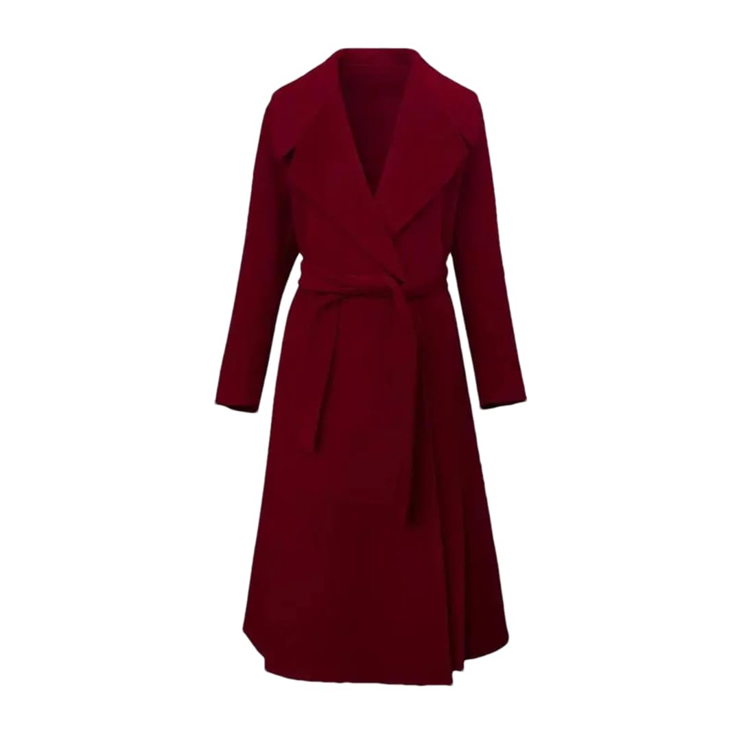 Hdhdeueh Abrigo de lana largo con cinturón sólido para mujer, estilo vintage, con cordones, chaqueta gruesa