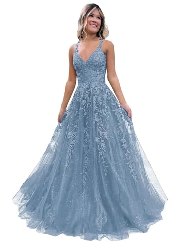 GARDOM Spaghetti Straps V Neck Glitter Prom Dresses 2024 Appliques Tulle Long Prom Dress Ball Gowns Fairy Wedding Gown