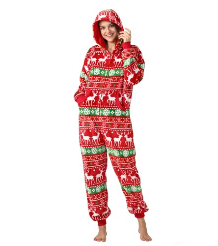 Focupaja Unisex Adult Christmas Onesie Matching Pajamas Comfy Flannel Jumpsuit Sleepwear Homewear for Family Couples Deer Red L
