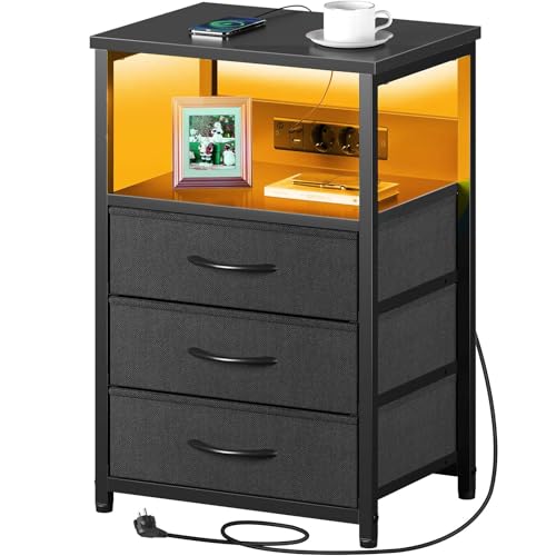 Seventable Table de Chevet Connectée 3 Tiroirs avec Prise USB & LED RGB - Table d'Appoint Multifonction pour Chambre/Salon (1, Noir)