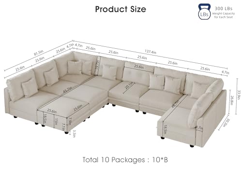 Image of LLappuil 163 inch Modular Sectional Sofa with Storage, U Shaped 10-Seat Pet-Friendly Corduroy Couch with 10 Throw Pillows, Oversized Convertible Sofa Set for Living Room & Large Space, Beige