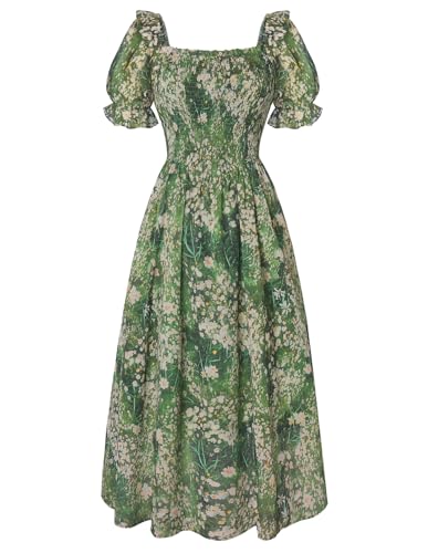 Image of Scarlet Darkness Floral Dress for Women Summer Puff Sleeve Square Neck A Line Flowy Wedding Guest Tea Party Dresses
