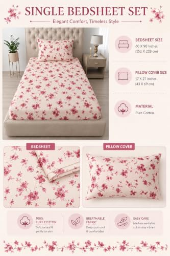 Image of Amazon Brand - Umi Soft Cotton Single Bedsheet 60X90 Inches | 160 TC Lightweight Fabric | Beautiful Elegant Design | Matching Pillow Cover