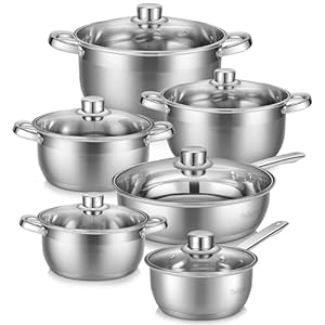 Velaze Cookware Set, Series Motti, 12-Piece Stainless Steel Pot & Pan Sets, Induction Safe, Saucepan, Casserole, pan with Glass lid (Set of 12)